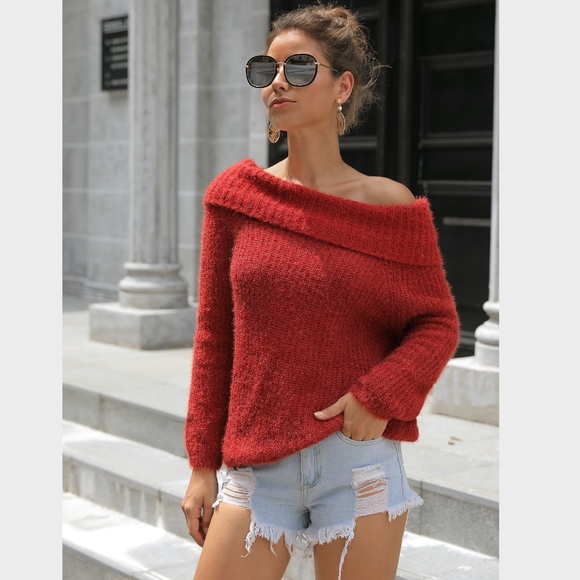 Red Off Shoulder Fold Over Sweater - Picture 3 of 8